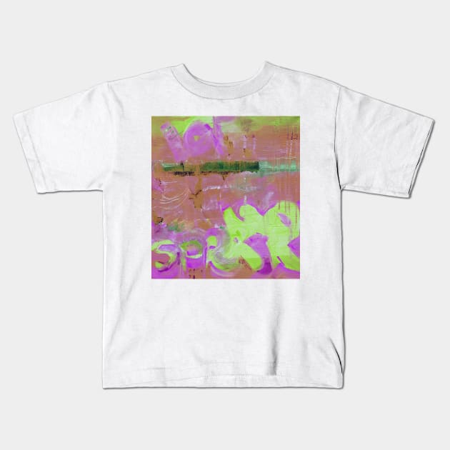 Seaside, surf, sea coast, soft wave. Modern abstract colorful painting with hand-painted texture. Oil on canvas. Terracotta-pink-green painting with splashes, drops of paint, paint smears, letters. Design for the  fabric, wallpapers, covers and packaging. Kids T-Shirt by Olesya Pugach